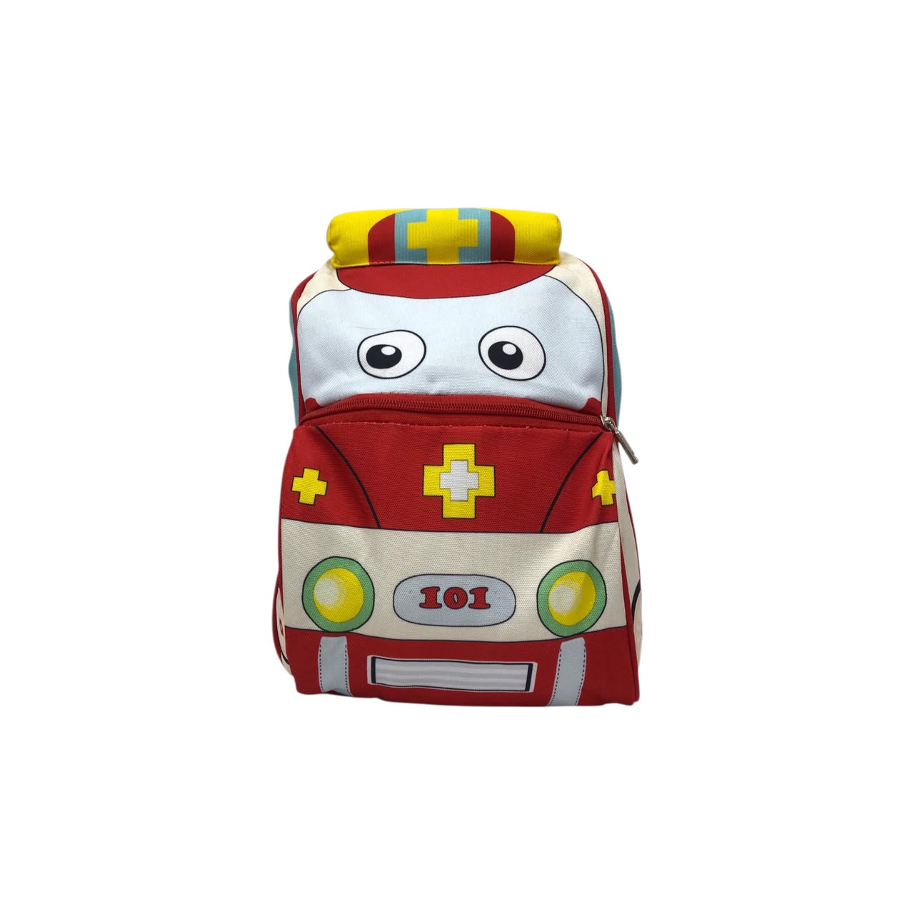 Kids ambulance backpack with cartoon face, red body, white front, yellow hood